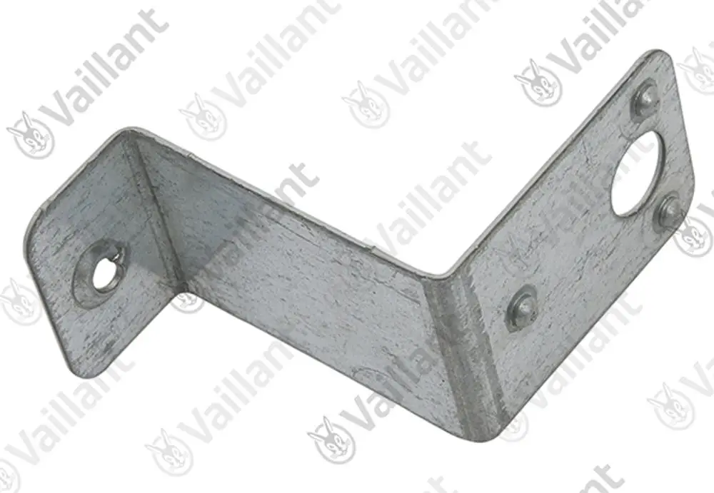 Metallischer Halter von Vaillant, L-Form mit zwei gebohrten Löchern zur Befestigung. Geeignet für verschiedene Anwendungen im Heizungsbereich.